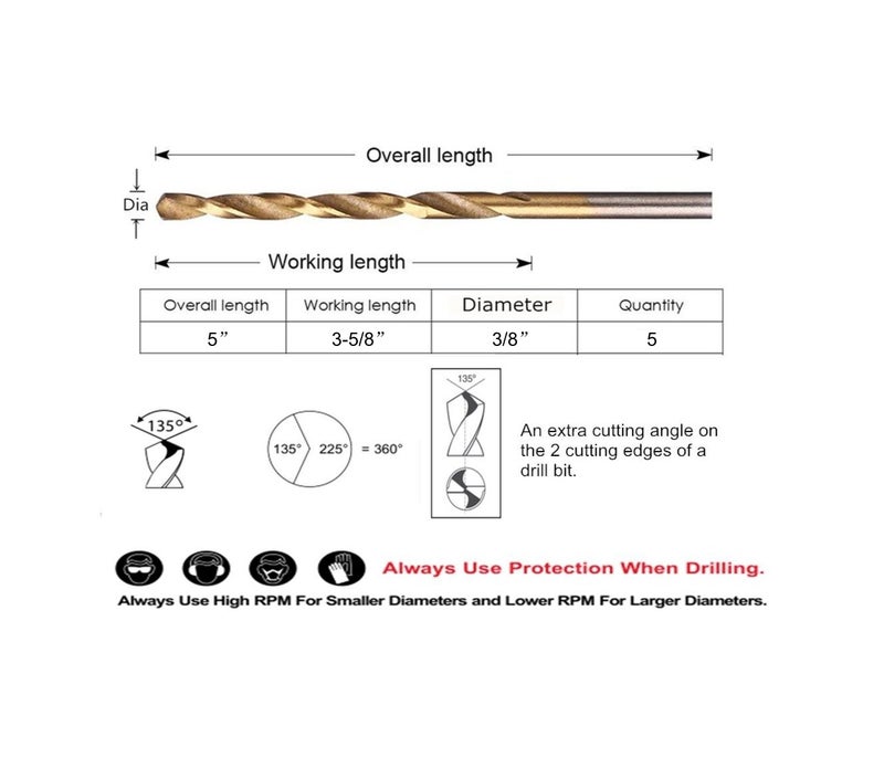 DRILLFORCE 5PCS, 3/8", Titanium Coated Drill Bits - Image 2